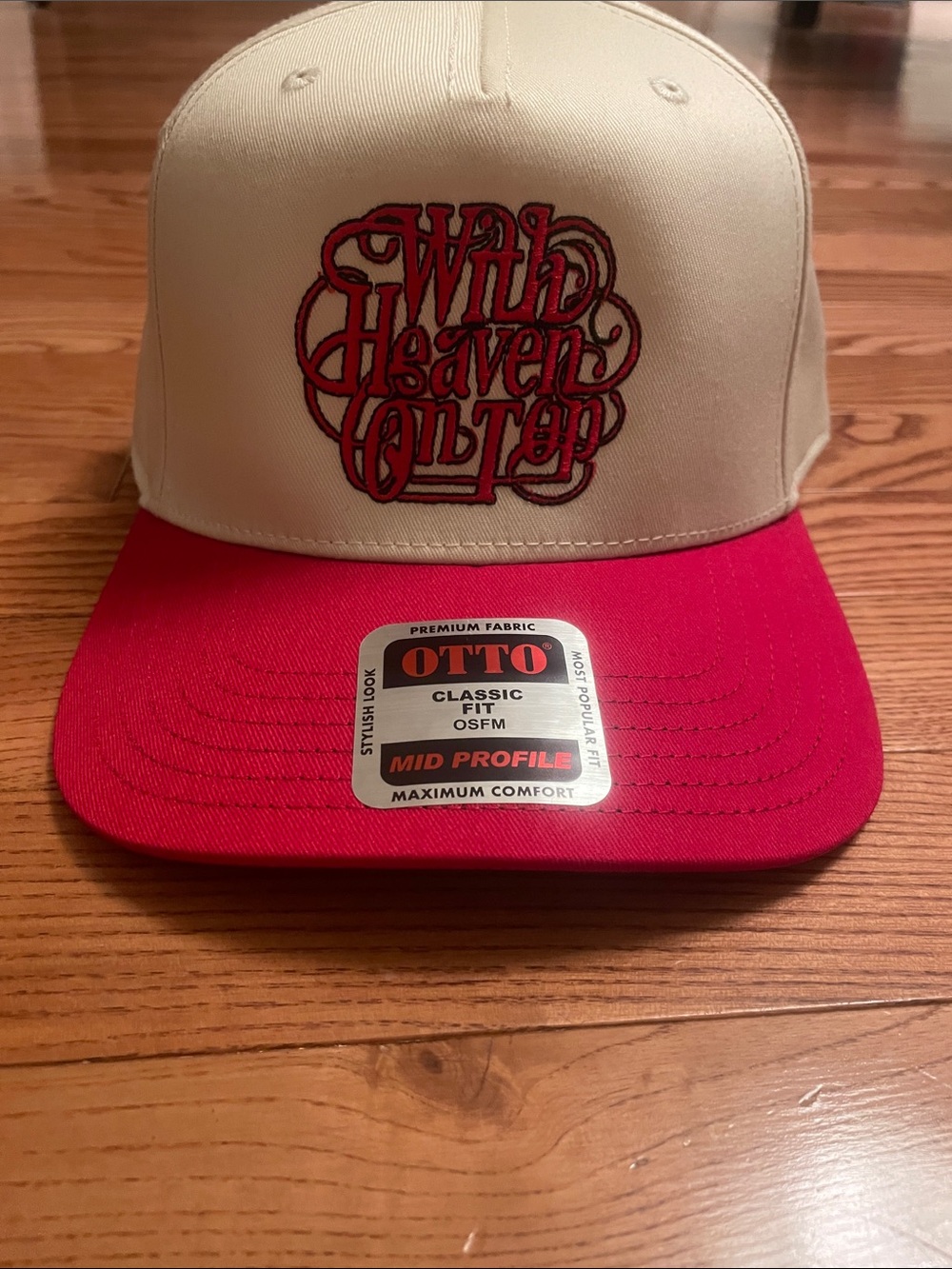 OTTO Beige Crown Red Brim Trucker Hat with Embroidered Script Zach Bryan